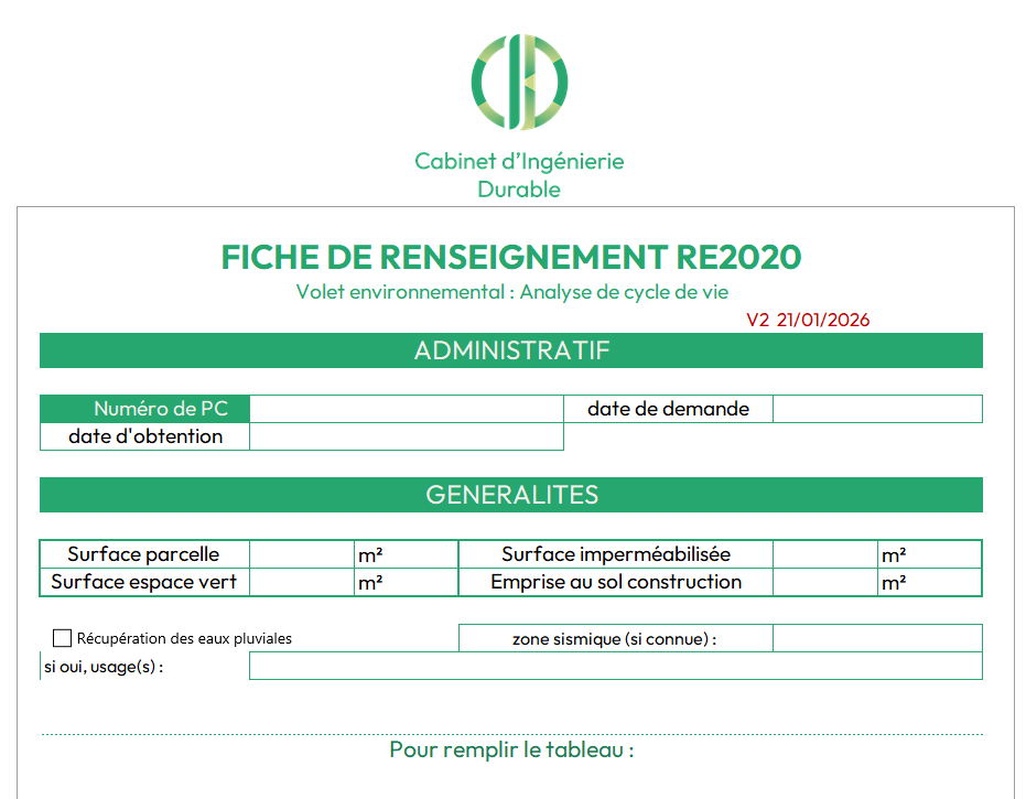outil quantitatif ACV RE2020 sous forme d'un tableur téléchargeable.